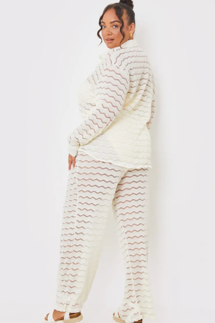 Best In the Style Sheered Chevron Wide Leg Trousers Cream