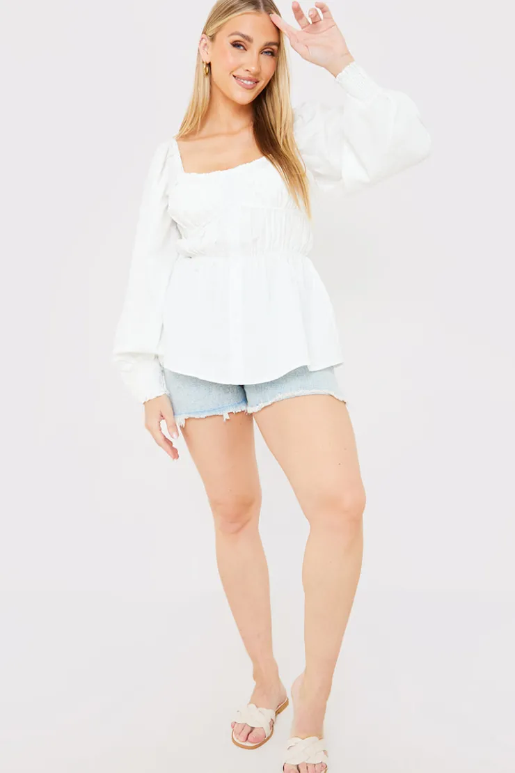 Online In the Style Shirred Button Down Blouse White