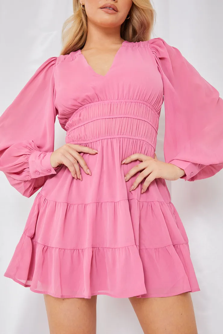 Online In the Style Shirred Waist Tiered Dress Pink