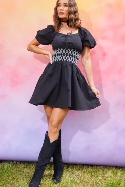 Discount In the Style Short Sleeve Milkmaid Dress With Embroidery Detail Black