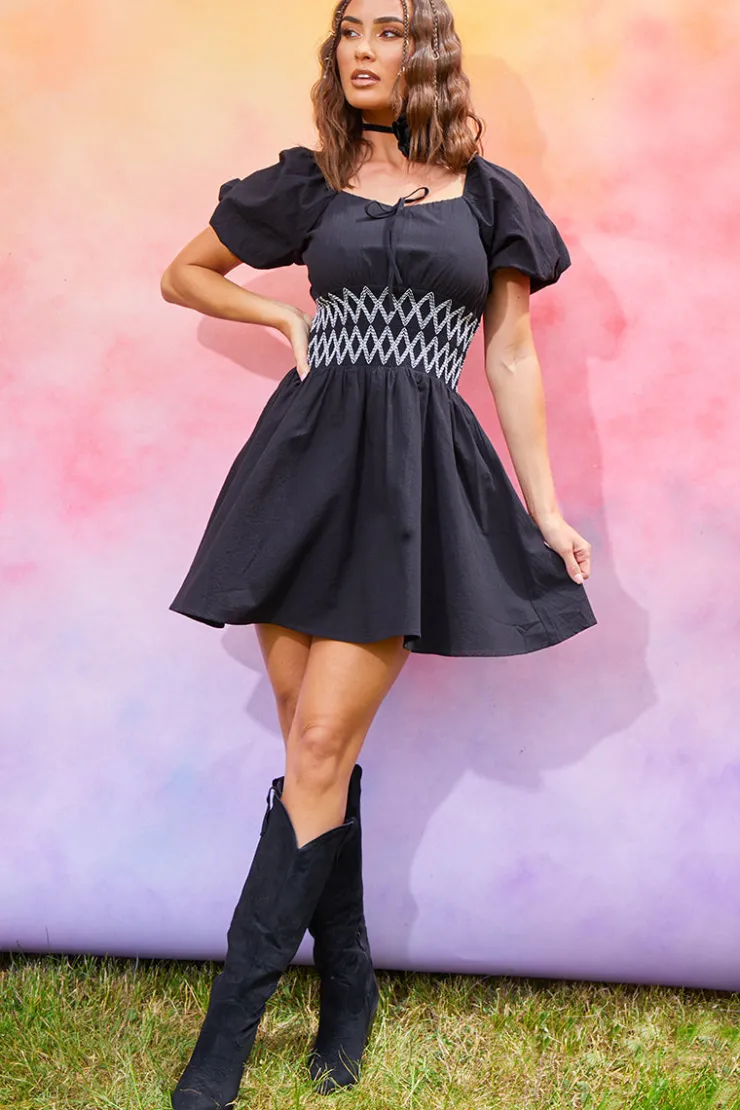 Discount In the Style Short Sleeve Milkmaid Dress With Embroidery Detail Black