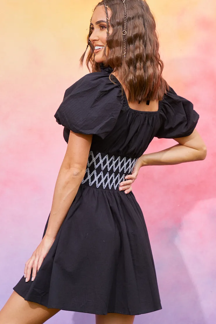 Discount In the Style Short Sleeve Milkmaid Dress With Embroidery Detail Black