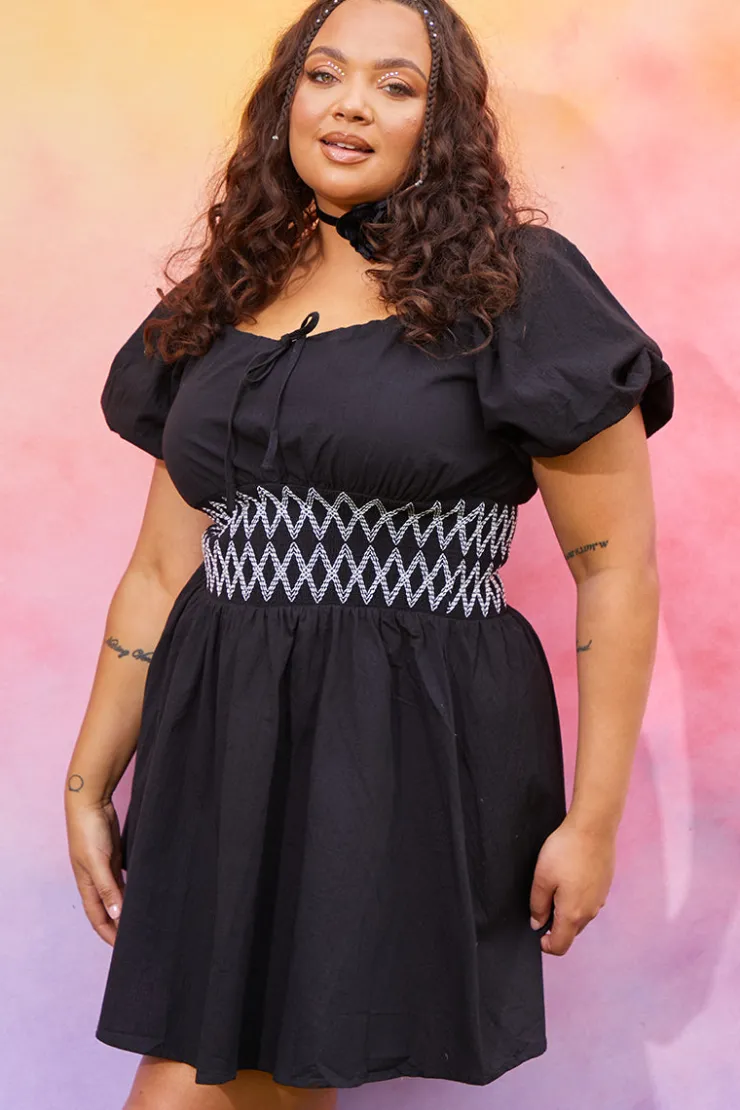 Discount In the Style Short Sleeve Milkmaid Dress With Embroidery Detail Black