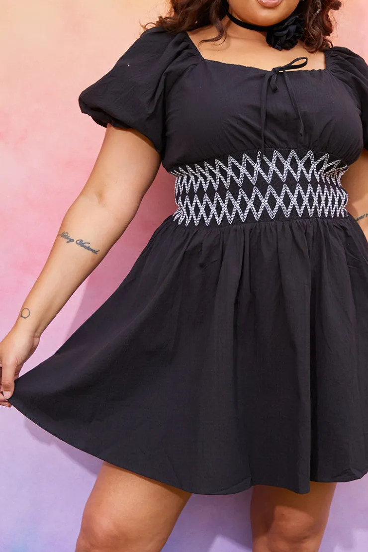 Discount In the Style Short Sleeve Milkmaid Dress With Embroidery Detail Black