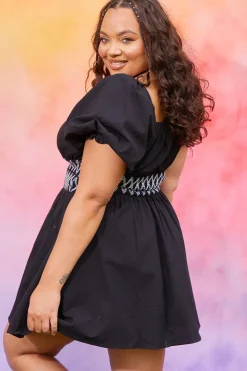 Discount In the Style Short Sleeve Milkmaid Dress With Embroidery Detail Black