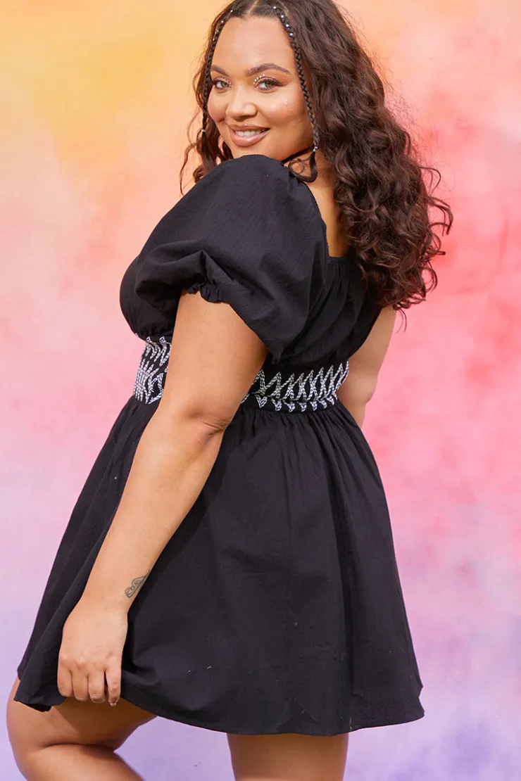 Discount In the Style Short Sleeve Milkmaid Dress With Embroidery Detail Black