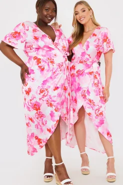 Hot In the Style Short Sleeve Satin Wrap Belted Midaxi Dress Multi