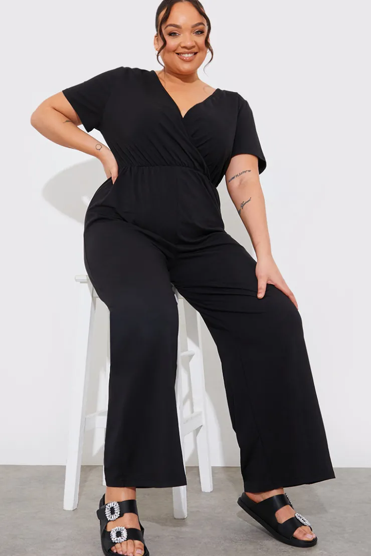 In The Style Short Sleeve Wrap Wide Leg Jumpsuit