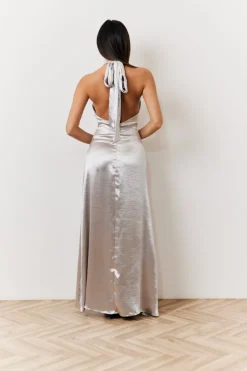 New In The Style Liquid Satin Halterneck Split Detail Maxi Dress Silver