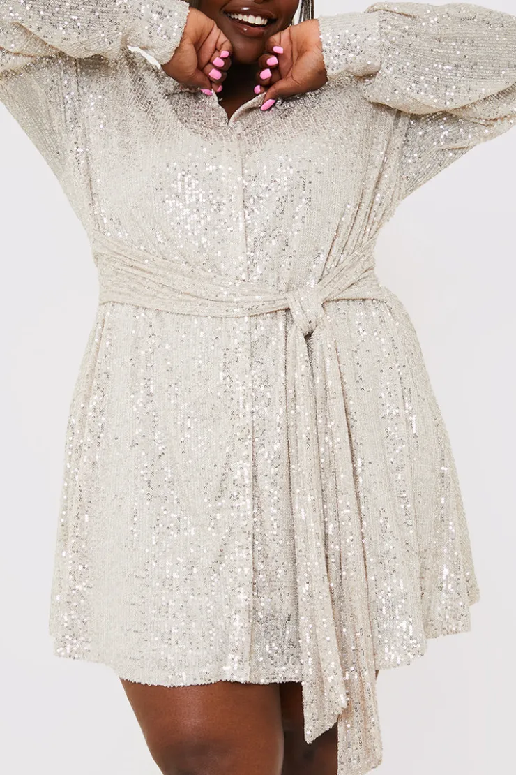 Discount In the Style Sequin Tie Drape Dress Silver