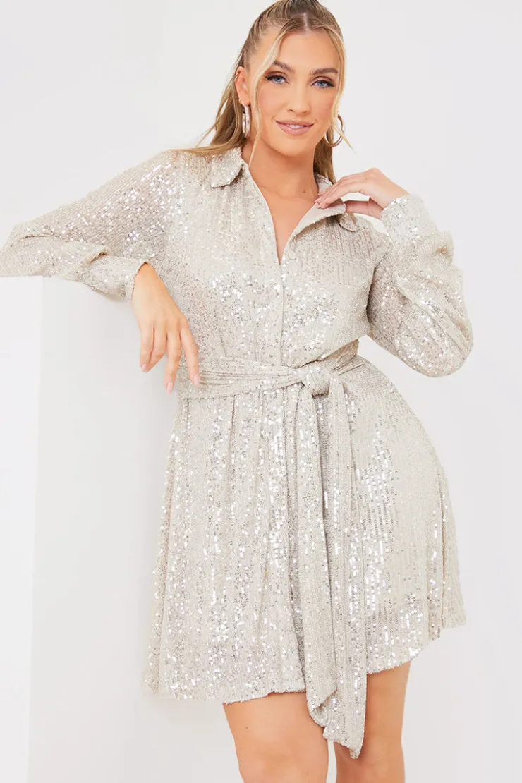 Discount In the Style Sequin Tie Drape Dress Silver
