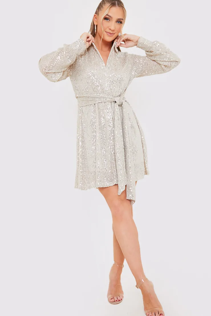Discount In the Style Sequin Tie Drape Dress Silver