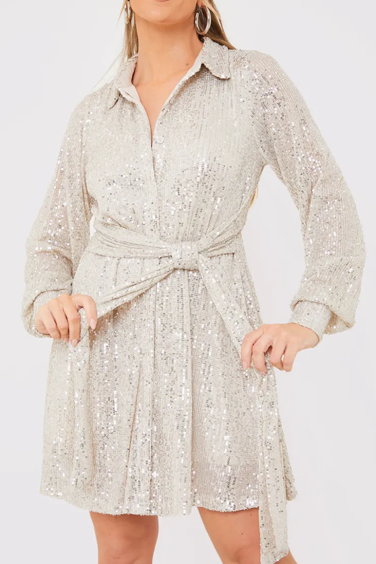 Discount In the Style Sequin Tie Drape Dress Silver