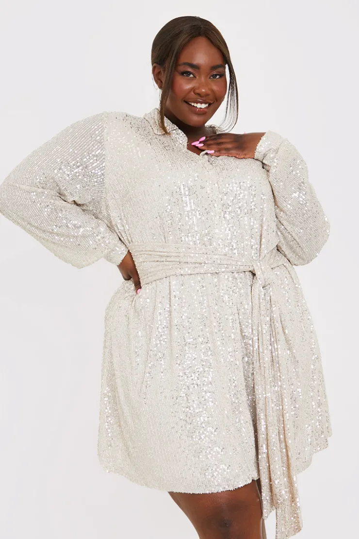 Discount In the Style Sequin Tie Drape Dress Silver