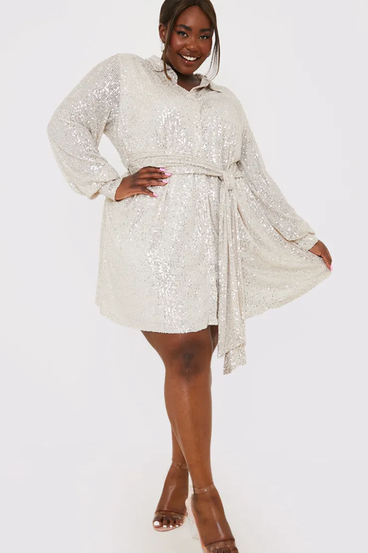 Discount In the Style Sequin Tie Drape Dress Silver
