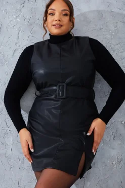 Sale In the Style Sleeveless Belted Leather Look Dress Black