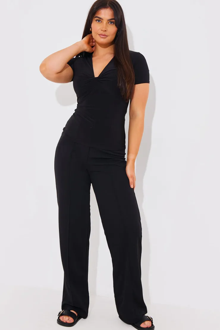 Online In The Style Slinky Twist Front Short Sleeve Top Black