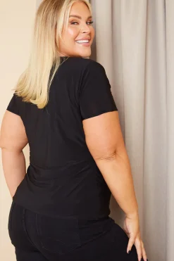 Online In The Style Slinky Twist Front Short Sleeve Top Black