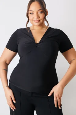 Online In The Style Slinky Twist Front Short Sleeve Top Black
