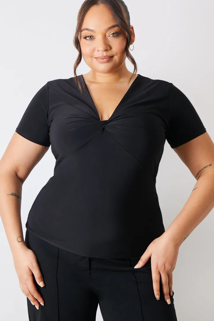 Online In The Style Slinky Twist Front Short Sleeve Top Black