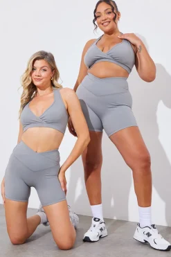 Sale In the Style Soft Touch Cross Over Waist Cycling Shorts Grey