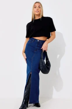 New In The Style Split Detail Denim Maxi Skirt Blue