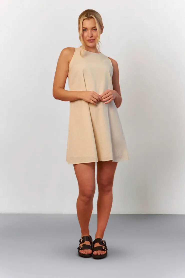 New In The Style Linen High Neck Sleeveless Smock Mini Dress Stone