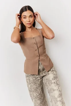 New In The Style Square Neck Longline Waistcoat Stone