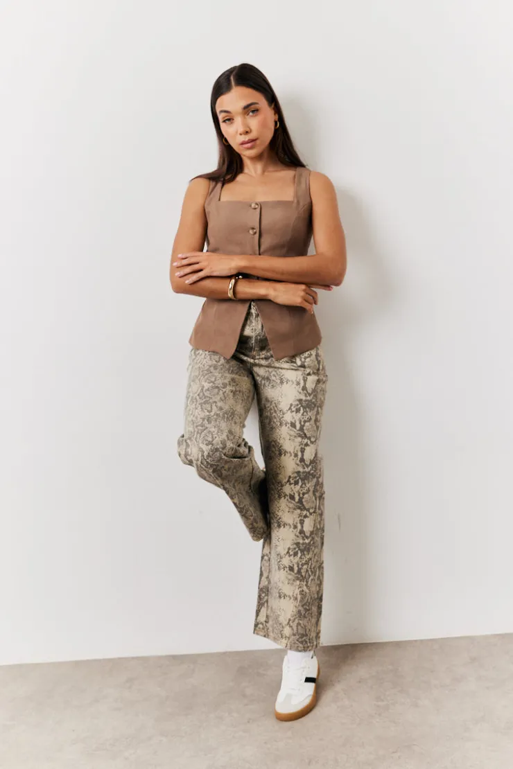 New In The Style Square Neck Longline Waistcoat Stone