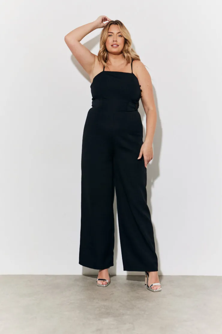 Online In the Style Strappy Wide Leg Button Detail Jumpsuit Black