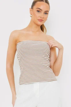 Hot In the Style Stripe Bandeau Top Brown