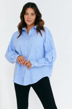 New In The Style Stripe Oversized Poplin Shirt Blue