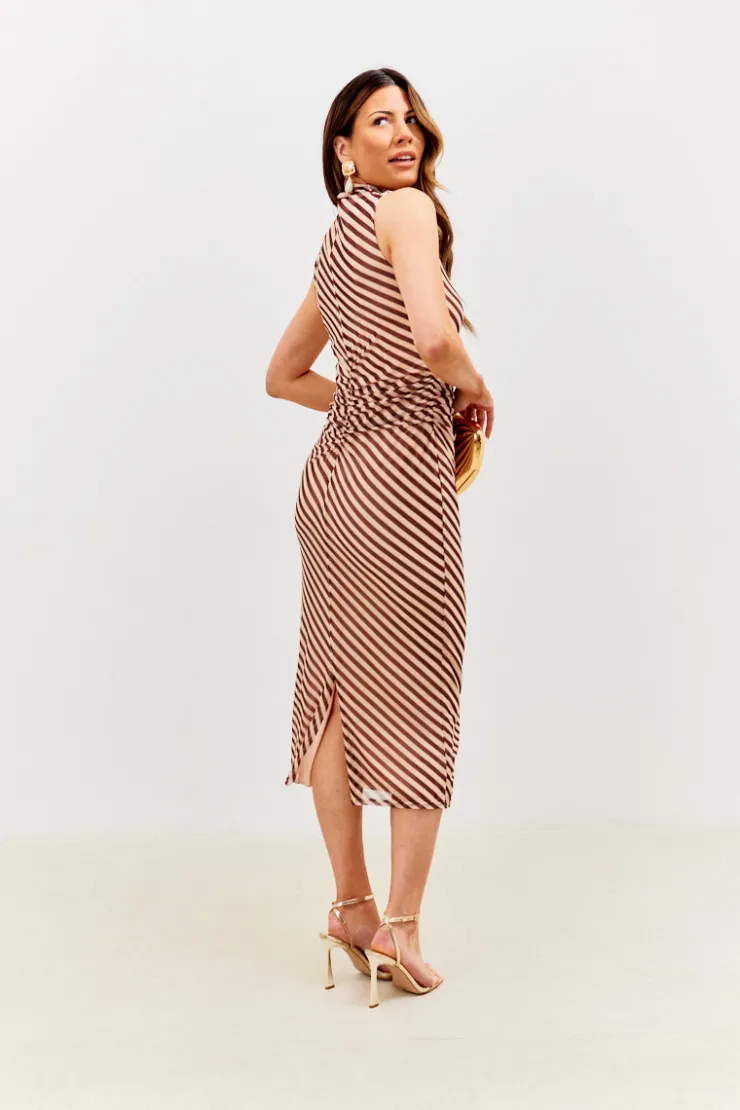 Best In the Style Stripe Printed Mesh Bodycon Midaxi Dress Brown