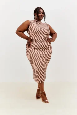 Best In the Style Stripe Printed Mesh Bodycon Midaxi Dress Brown