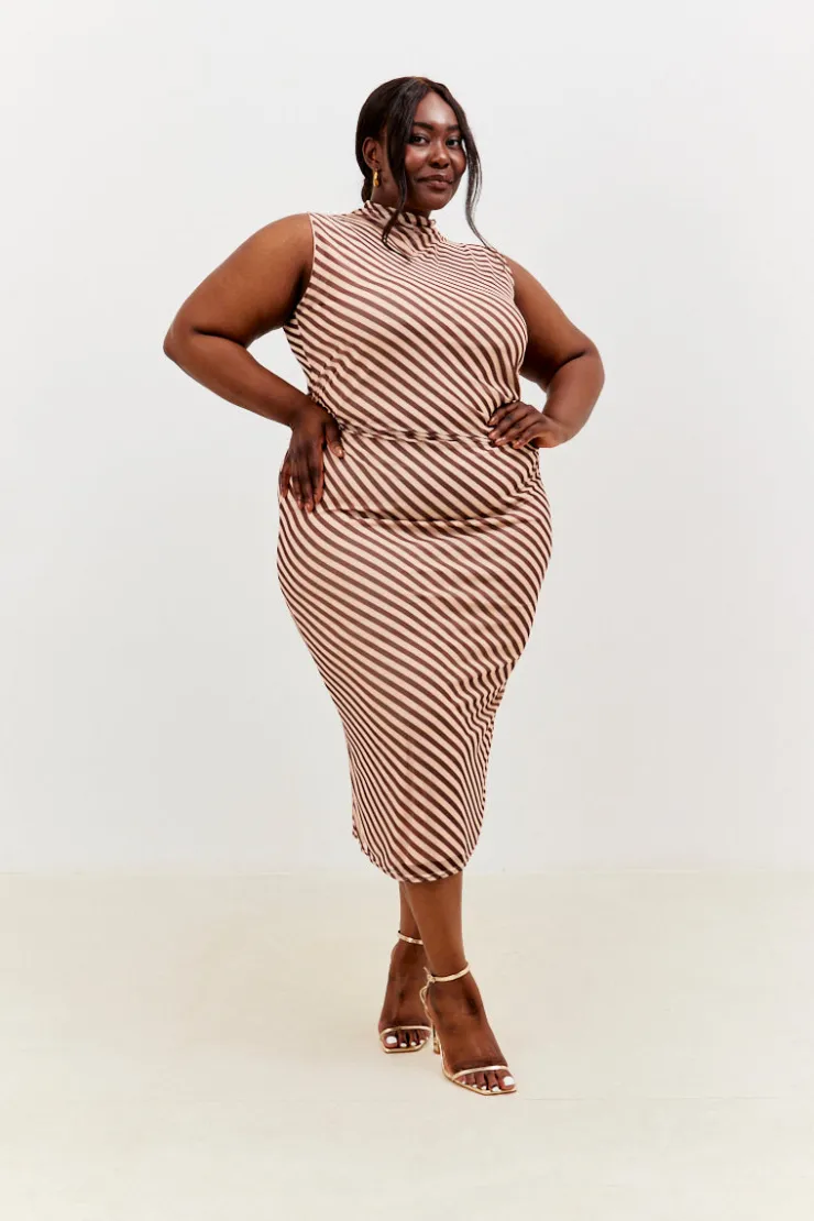 Best In the Style Stripe Printed Mesh Bodycon Midaxi Dress Brown