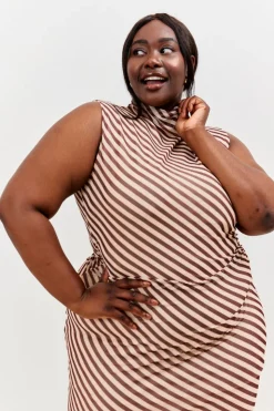 Best In the Style Stripe Printed Mesh Bodycon Midaxi Dress Brown