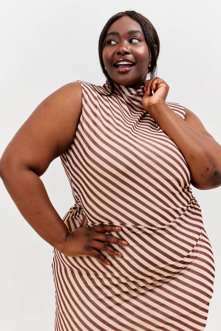 Best In the Style Stripe Printed Mesh Bodycon Midaxi Dress Brown