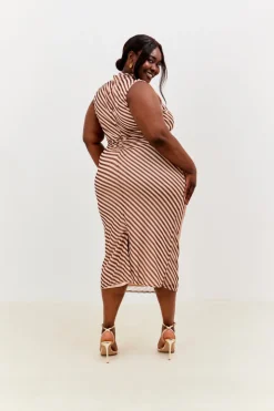 Best In the Style Stripe Printed Mesh Bodycon Midaxi Dress Brown