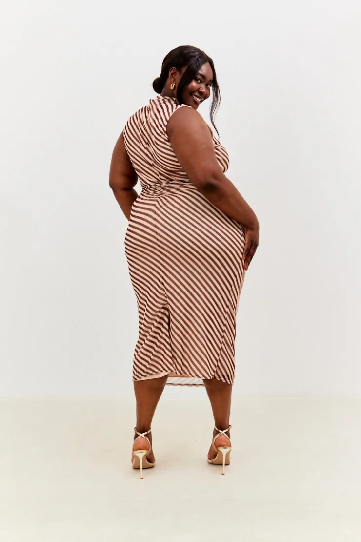 Best In the Style Stripe Printed Mesh Bodycon Midaxi Dress Brown