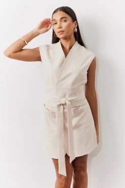 Discount In The Style Structured Pocket Detail Belted Mini Dress cream