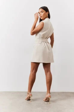 Discount In The Style Structured Pocket Detail Belted Mini Dress cream