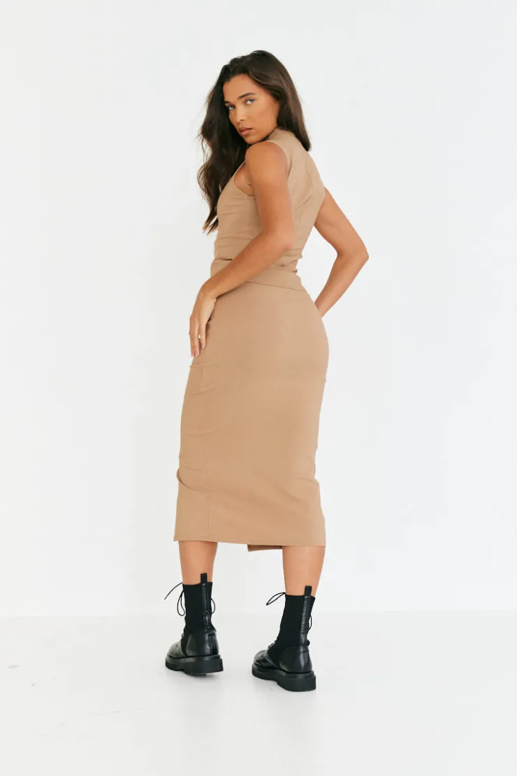 Sale In The Style Structured Split Front Co-Ord Midi Skirt Camel