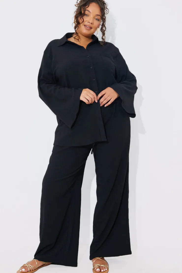 Clearance In the Style Textured Beach Co-Ord Shirt Black
