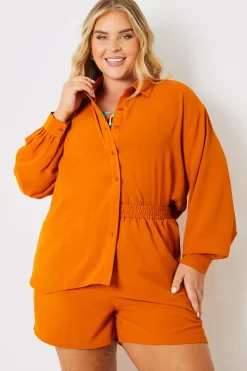 New In the Style Textured Button Up Co-Ord Beach Shirt Orange