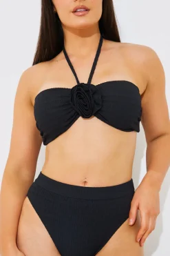 Outlet In the Style Textured Corsage Halter Neck Bikini Top Black