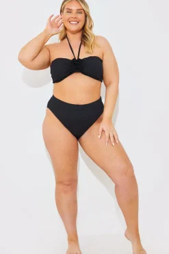 Outlet In the Style Textured Corsage Halter Neck Bikini Top Black
