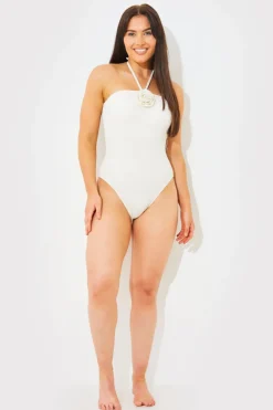 In the Style Textured Corsage Halterneck Swimsuit Cream