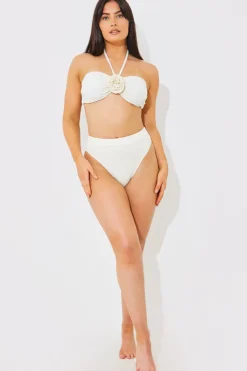 Clearance In the Style Textured Corsage Halterneck Bikini Top Cream
