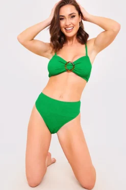 Sale Billie Faiers Textured Crinkle High Leg Bikini Bottoms Green