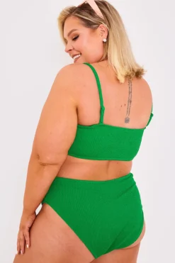 Sale Billie Faiers Textured Crinkle High Leg Bikini Bottoms Green